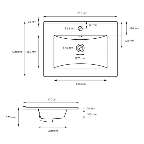 ECD Germany Håndvask Håndvask 610 x 465 x 175 mm keramisk hvid Indbygget håndvask Indbygget håndvask Vaskeskål Håndvask Indbygget håndvask Bordplade