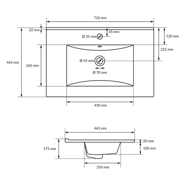 ECD Germany håndvask håndvask 710 x 465 x 175 mm keramisk hvid indbygget håndvask indbygget håndvask håndvask håndvask indbygget håndvask bordplade