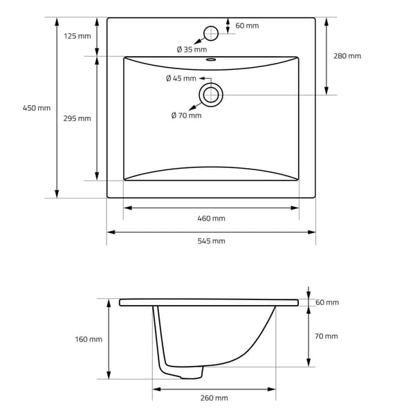 ML-Design Håndvask i hvid keramik 54;5x16x45 cm firkantet inkl. afløbsventil; indbygningsvask med overløb; opbygningsvask; håndvask til badeværelse