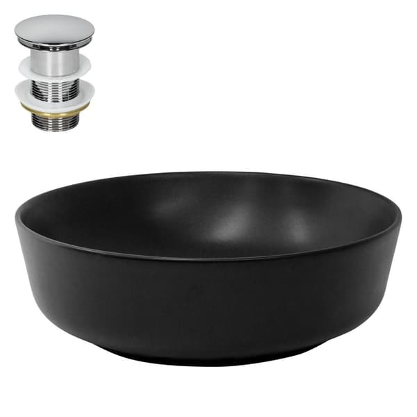 ML-Design Keramisk Vask i Mat Sort Ø 415 x 135 mm med Afløbsventil; Rund Overfladevask; Moderne Håndvask; til Badeværelse / Gæstetoilet