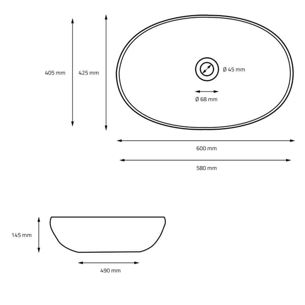 ML-Design Keramisk Vask i Mat Sort 600 x 425 x 145 mm med Afløbsventil; Ovalt Overfladevask; Moderne Håndvask; Vaskeskål; Håndvask til