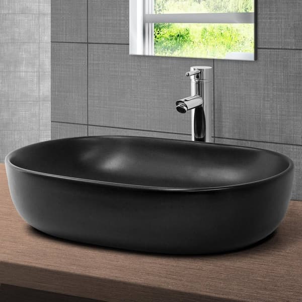 ML-Design Keramisk Vask i Mat Sort 600 x 425 x 145 mm med Afløbsventil; Ovalt Overfladevask; Moderne Håndvask; Vaskeskål; Håndvask til