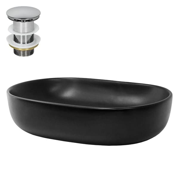 ML-Design Keramiskt Tvättställ i Matt Svart 600 x 425 x 145 mm med Avloppssats; Ovalt Ovanpåliggande Tvättställ; Modernt Handfat; Tvättfat; Handfat