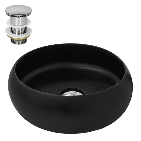 ML-Design Keramisk Vask i Mat Sort Ø35x12 cm Rund inkl. Afløbsventil; Moderne Overfladevask uden Overløb; Håndvask til Badeværelse/Gæstetoilet