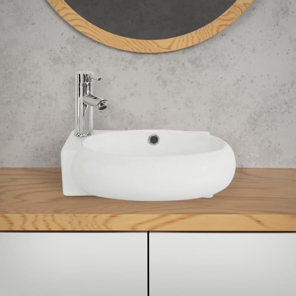 ML-Design Valkoinen keramiikkapesuallas; 43x28x15 cm; ovaali; pieni; hanareikä vasemmalla; seinäasennus tai päälle asennettava pesuallas; moderni