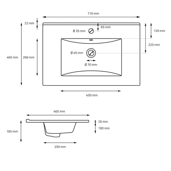 ML-Design Keramisk Vask i Mat Sort 71x16;5x46;5 cm Firkantet med Afløbsventil; Indbygningsvask med Hanehul og Overløb; Overfladevask Indbygningsvask