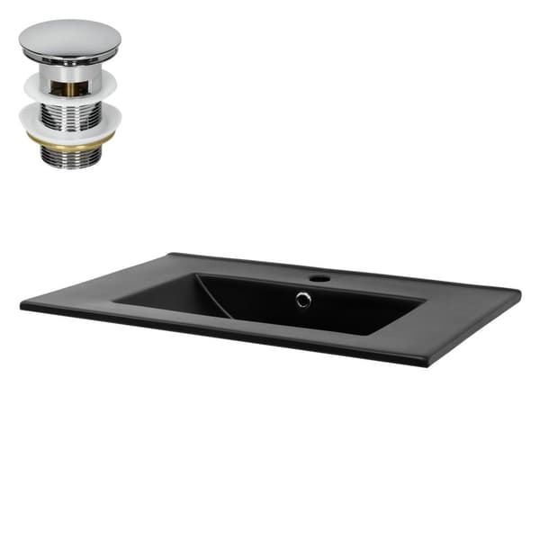 ML-Design Keramisk Vask i Mat Sort 71x16;5x46;5 cm Firkantet med Afløbsventil; Indbygningsvask med Hanehul og Overløb; Overfladevask Indbygningsvask