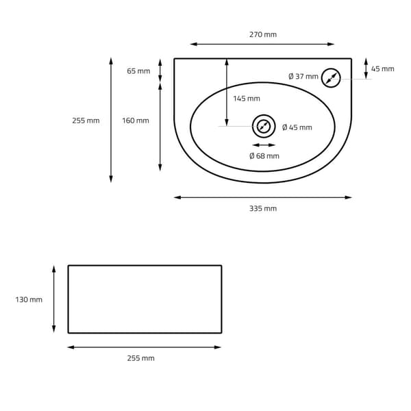 ML-Design Keramisk Håndvask Sort 33;5x25;5x13cm lille med afløbsventil; hanehul til højre; Afrundet Overfladevask; Moderne Vaskeskål; Håndvask med