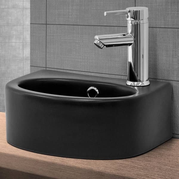 ML-Design Keramisk Håndvask Sort 33;5x25;5x13cm lille med afløbsventil; hanehul til højre; Afrundet Overfladevask; Moderne Vaskeskål; Håndvask med
