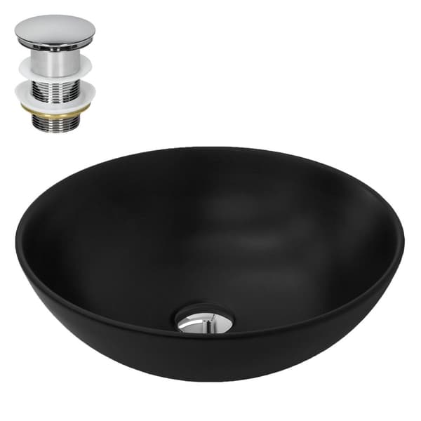 ML-Design Keramisk Vask Sort mat Ø 40x14;5 cm rund inkl. Afløbsventil; Moderne Overfladevask uden overløb; Håndvask til Badeværelse/Gæstetoilet
