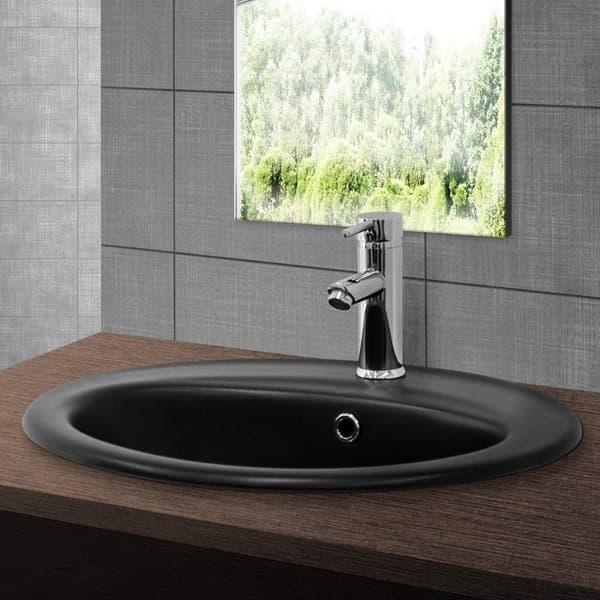 ML-Design Keramisk Vask i Mat Sort 57x48;5x19;5 cm Oval med Afløbssæt; Indbygningsvask med Overløb; Overfladevask Håndvask; til Badeværelse