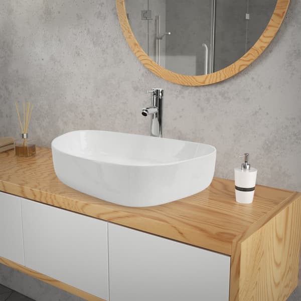 ML-Design Keramisk Hvid Oval Vask 55x42x18 cm inkl. Afløb; Moderne Overfladevask; Design Håndvask; til Badeværelse/Gæstetoilet