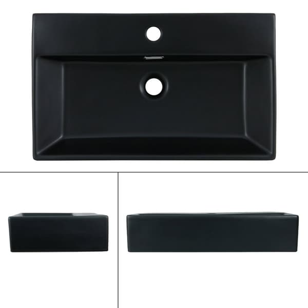 ML-Design Keramisk Tvättställ i Matt Svart 600x365x130mm inkl. Avloppssats; Fyrkantigt Bänkmonterat Tvättställ med Överlopp; Modernt Handfat för