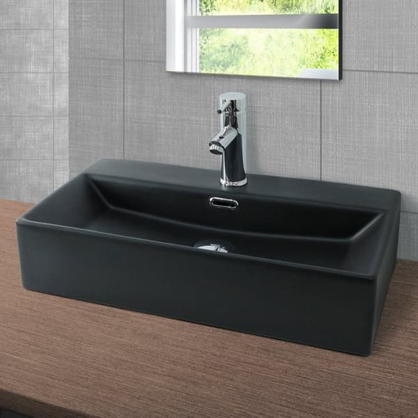 ML-Design Keramisk Tvättställ i Matt Svart 600x365x130mm inkl. Avloppssats; Fyrkantigt Bänkmonterat Tvättställ med Överlopp; Modernt Handfat för