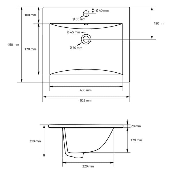 ML-Design Håndvask i hvid keramik 52;5x21x45 cm firkantet inkl. afløbsventil; indbygningsvask med overløb; opvaskvask; håndvask til badeværelse