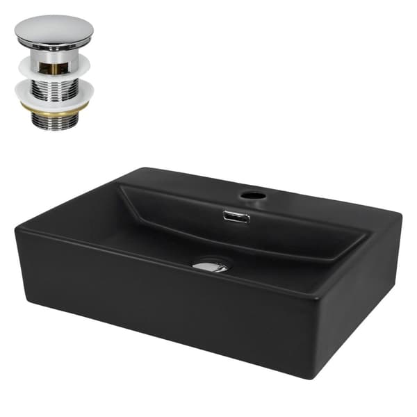 ML-Design Keramisk Vask i Mat Sort 510x360x130mm inkl. Afløbsventil; Firkantet Overfladevask med Overløb; Moderne Håndvask til Badeværelse