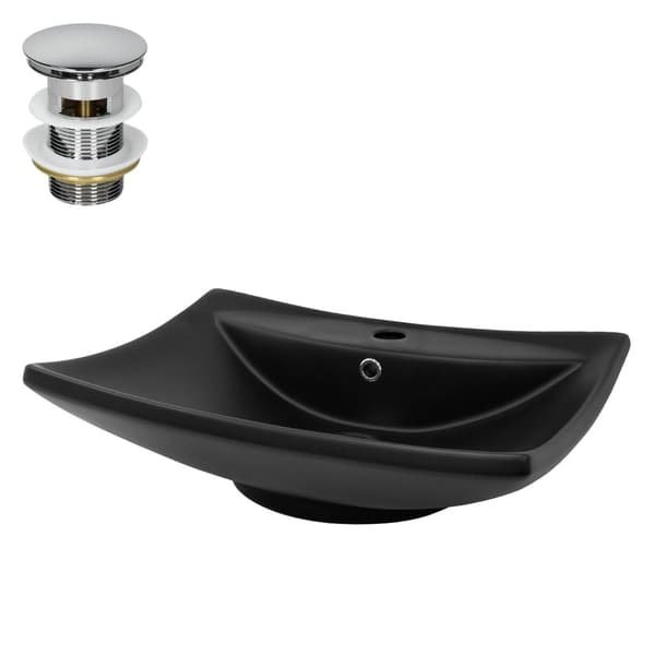 ML-Design Keramisk Vask i Mat Sort 61x45;5x18;5 cm inkl. Afløbssæt; Moderne Overfladevask med Overløb; Håndvask til Badeværelse/Gæstetoilet
