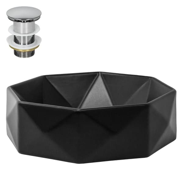 ML-Design Keramisk Tvättställ i Matt Svart Ø 42x13;5 cm med Avloppssats; Diamantdesign; Rund Bänkmonterad Tvättställ; Modern Tvättställ; Handfat för