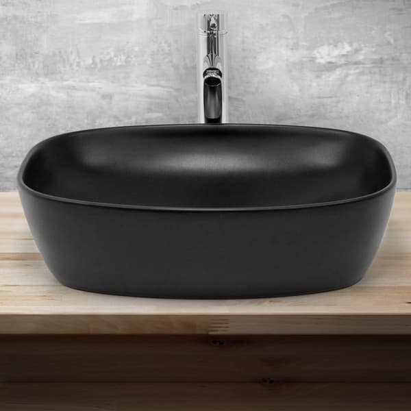 ML-Design Keramiskt Svart Tvättställ 505x385x140 mm med Avloppssats; Rundade Hörn; Bänkskiva; Modern Tvättställsskål; Handfat för Badrum/Gästtoalett