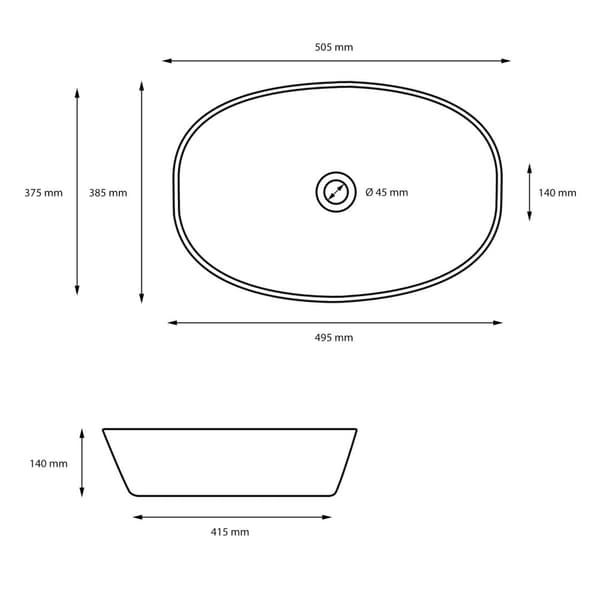 ML-Design Keramiskt Svart Tvättställ 505x385x140 mm med Avloppssats; Rundade Hörn; Bänkskiva; Modern Tvättställsskål; Handfat för Badrum/Gästtoalett