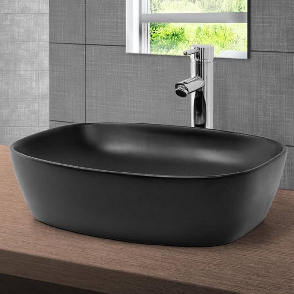 ML-Design Keramiskt Svart Tvättställ 505x385x140 mm med Avloppssats; Rundade Hörn; Bänkskiva; Modern Tvättställsskål; Handfat för Badrum/Gästtoalett