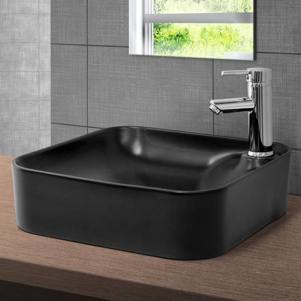ML-Design Keramisk Vask i Mat Sort 43x43x12cm med Afløbsventil; Afrundede Hjørner; Overfladevask; Moderne Håndvask; til Badeværelse/Gæstetoilet