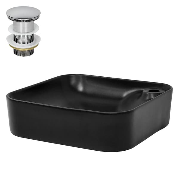 ML-Design Keramisk Vask i Mat Sort 43x43x12cm med Afløbsventil; Afrundede Hjørner; Overfladevask; Moderne Håndvask; til Badeværelse/Gæstetoilet