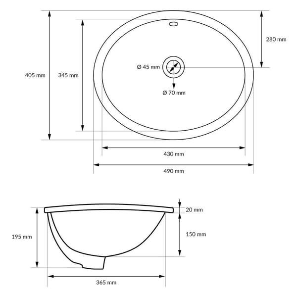 ML-Design Håndvask i hvid glanset keramik 49x19;5x40;5cm oval inkl. afløbsventil; indbygningsvask med overløb; badeværelse; opvaskvask; indbygget