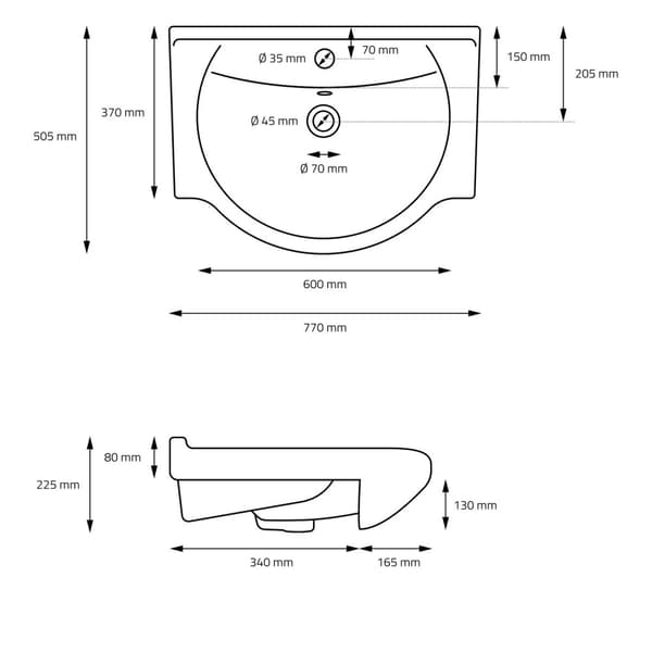 ML-Design Vaskeservant Keramik Sort mat 77x50;5x22;5 cm Oval med afløbsventil; Indbygningsvask med hanehul; Overløb; Overfladevask Indbygget håndvask