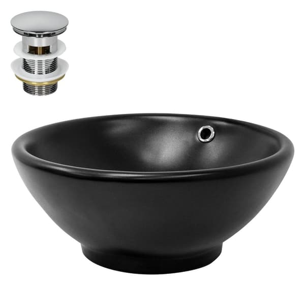 ML-Design Keramisk Vask i Mat Sort Ø 420x170 mm med Afløbsventil; Rund Overfladevask; Moderne Håndvask; Vaskeskål med Overløb og Afløbshul; Håndvask