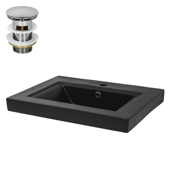 ML-Design Keramisk Vask i Mat Sort 61x46;5x15;5 cm Firkantet med Afløbsventil; Indbygningsvask med Hanehul og Overløb; Overfladevask Indbygningsvask