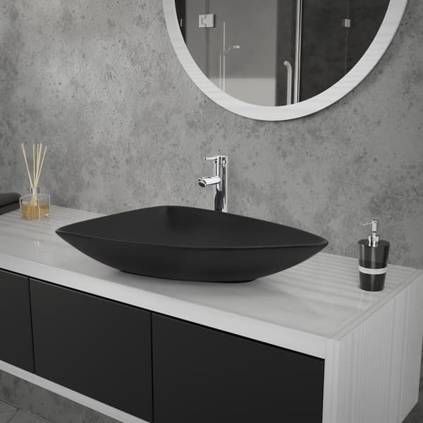 ML-Design Keramisk Vask i Mat Sort 69x46x13 cm Trekantet inkl. Afløbsventil; Moderne Overfladevask; Design Håndvask; til Badeværelse