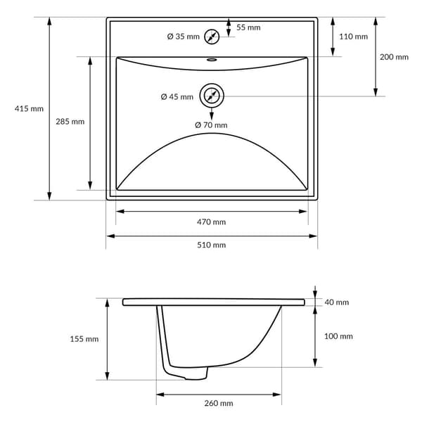ML-Design Håndvask i hvid keramik 51x15;5x41;5 cm firkantet inkl. afløbsventil; indbygningsvask med overløb; opvaskeservant; håndvask til badeværelse