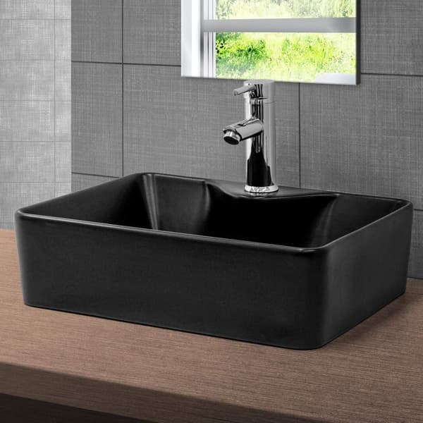 ML-Design Keramisk Vask i Mat Sort 49x36;5x14 cm med Afløbsventil; Afrundede Hjørner; Overfladevask; Moderne Håndvask; Vaskeskål med Armaturhul;