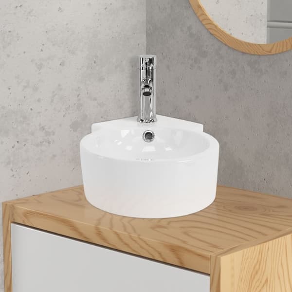 ML-Design Tvättställshörn i keramik; vitt; 45x36x13 cm; rund; väggmonterat/bordsmonterat; hörntvättställ med överlopp; hängtvättställ; handfat;