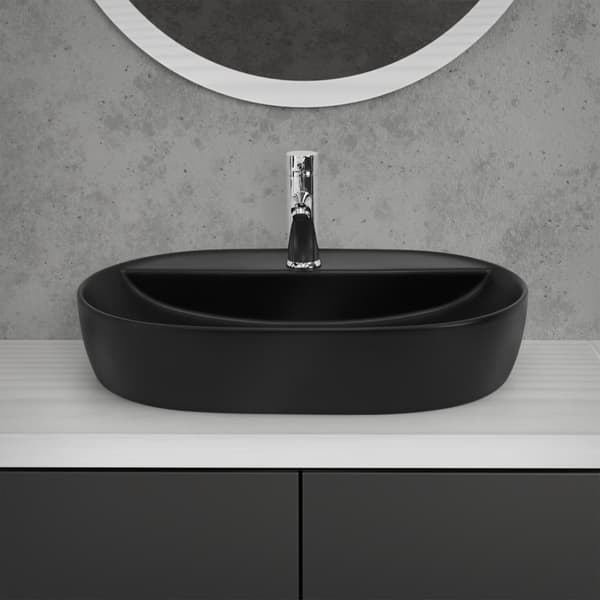 ML-Design Keramiktvättställ i matt svart 60 x 40 x 12 cm; oval; modern bänkmonterat tvättställ; design handfat; handfat för badrummet / gästtoaletten