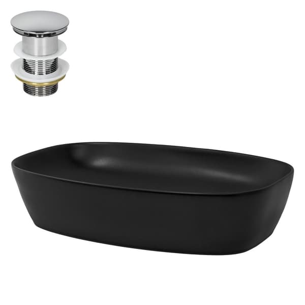 ML-Design Keramisk Vask i Sort 605x385x140 mm med Afløbsventil; Afrundede Hjørner; Overfladevask; Moderne Håndvask; Vaskeskål; til