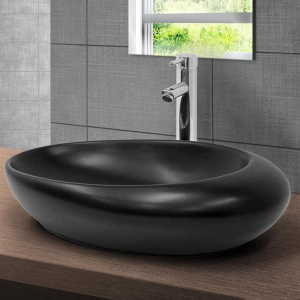 ML-Design Keramisk Sort Mat Vask 58;5x37;5x14;5 cm med Afløbsventil; Kieselsten Form; Oval Overfladevask; Moderne Håndvask; Vaskeskål; Håndvask til