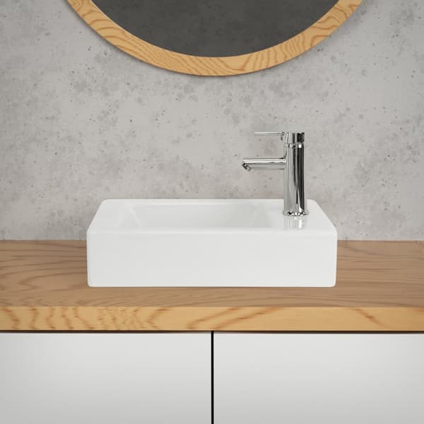ML-Design Valkoinen keramiikkapesuallas 46x26x11 cm; kulmikas; pieni; hanareikä oikealla; seinäasennus tai päälle asennettava pesuallas; moderni