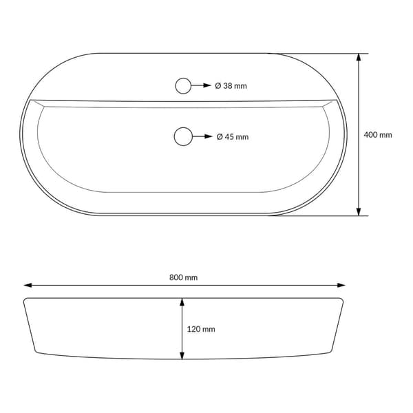 Oval håndvask uden overløb 80x40x12 cm hvid keramik ML-Design