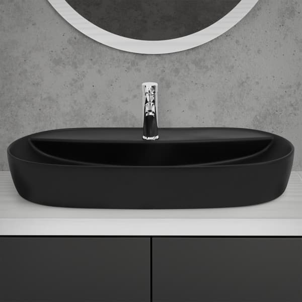 Ovalt tvättställ utan bräddavlopp 80x40x12 cm svart keramik ML-Design