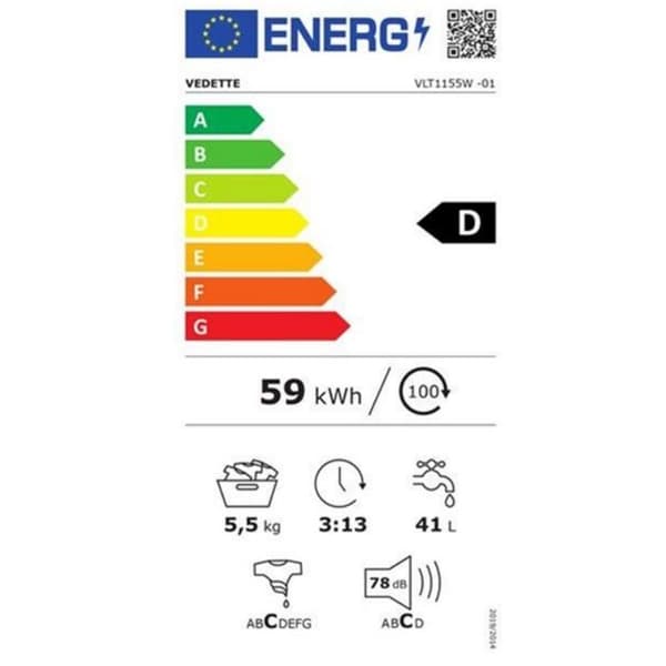 Toppmatad tvättmaskin - VEDETTE - VLT1155W - 5.5kg - 1100 varv/min - Delikat/Ull