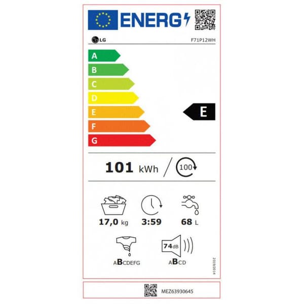 Tvättmaskin frontalladdad 17 kg 127 L LG 1100 varv/min 70 cm E, F71P12WH