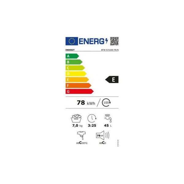 Toppmatad tvättmaskin 7kg 42L INDESIT 1200varv/min 40cm E, BTWS 72200 FRN