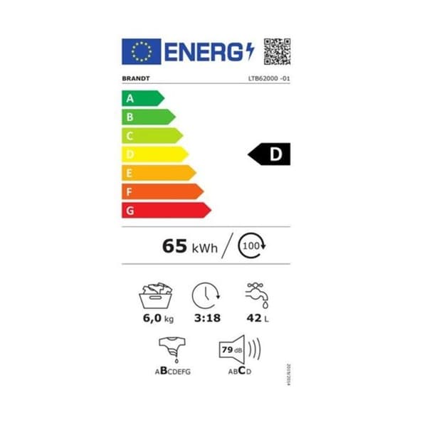 BRANDT LTB62000 Top Tvättmaskin - Toppmatning - 1200 rpm - Lastkapacitet 6 kg - Vit