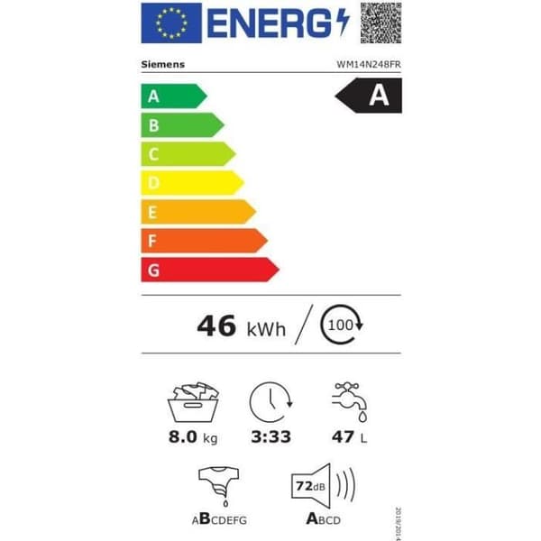 SIEMENS WM14N248FR IQ300 hyttventil tvättmaskin - 8 kg - Induktion - Ångfunktion - L60cm - 1400 rpm - Klass A - Vit