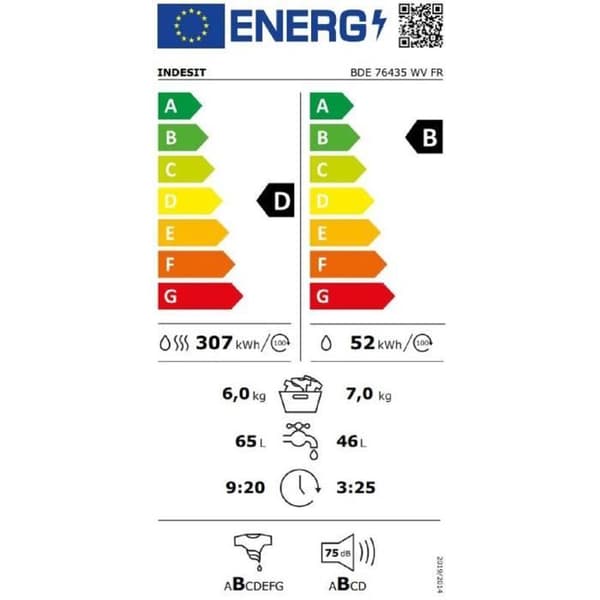INDESIT BDE76435WVFR tvättmaskin-torktumlare - 7/6 kg - Induktion - L60cm - 1400 rpm - Vit