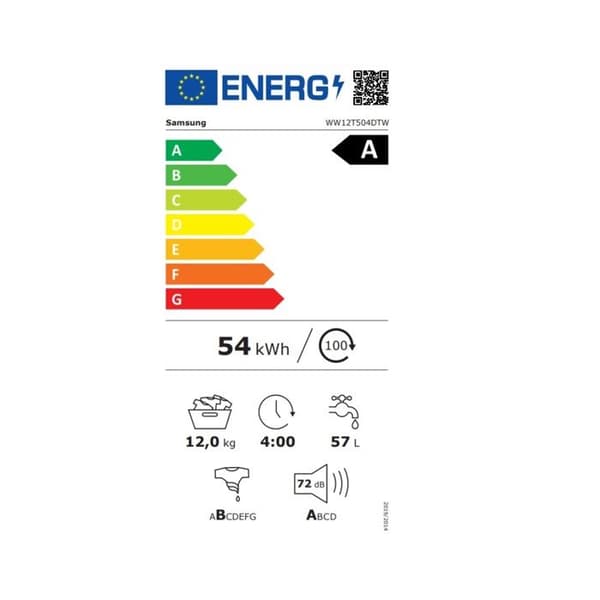 tvättmaskin frontal SAMSUNG WW12T504DTW - 12 kg - 1400 varv/min - EcoBubble - Ånghygien - Klass A - Vit