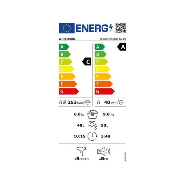 Tvätt- och torktumlare - WHIRLPOOL - FFWDB964489BVFR - 9 kg tvätt - 6 kg tork - Induktionsmotor