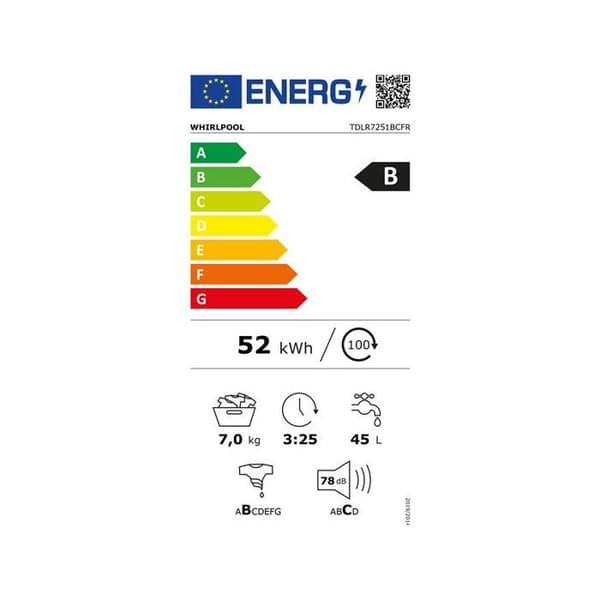 MAL posable, Topp, VIKTIG, Vit, 7 KG, 1200 varv, Energiklass B, 4 WHIRLPOOL - TDLR7251BCFR